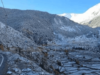 First snowfall of the season in Niti Valley, hills shining like silver
