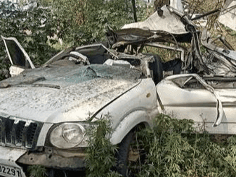 Vehicle lost control, collided with a pole and fell into a ditch