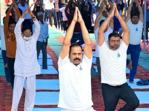 Different asanas of yoga were practiced on the occasion of International Yoga Day