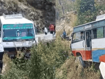 The bus carrying the procession hangs towards the ditch, 30 people narrowly escaped